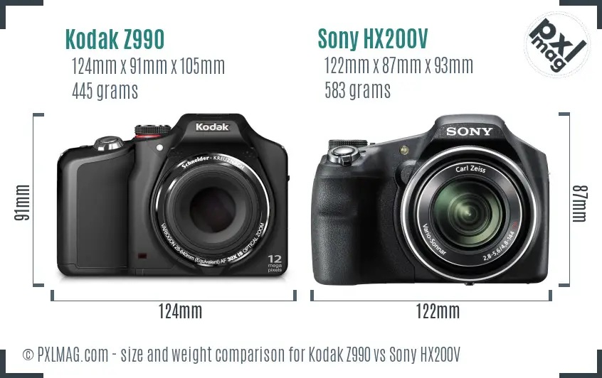 Kodak Z990 vs Sony HX200V size comparison