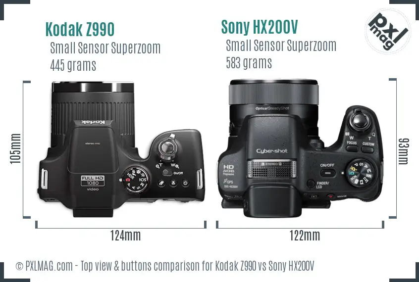 Kodak Z990 vs Sony HX200V top view buttons comparison
