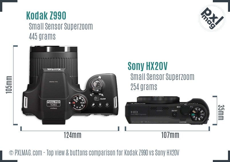 Kodak Z990 vs Sony HX20V top view buttons comparison
