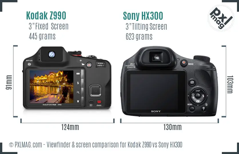 Kodak Z990 vs Sony HX300 Screen and Viewfinder comparison