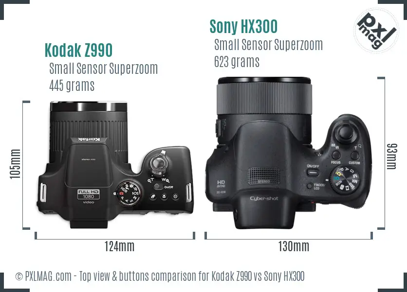 Kodak Z990 vs Sony HX300 top view buttons comparison