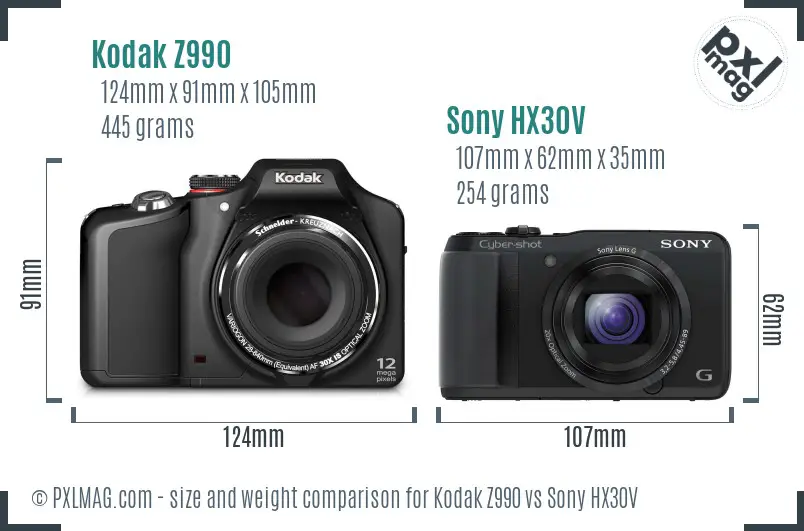 Kodak Z990 vs Sony HX30V size comparison
