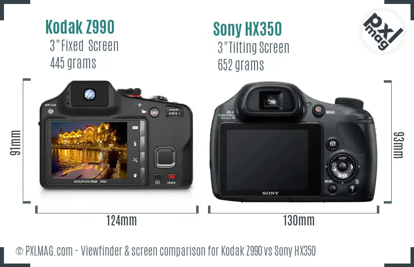 Kodak Z990 vs Sony HX350 Screen and Viewfinder comparison
