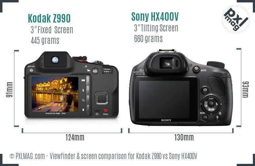 Kodak Z990 vs Sony HX400V Screen and Viewfinder comparison