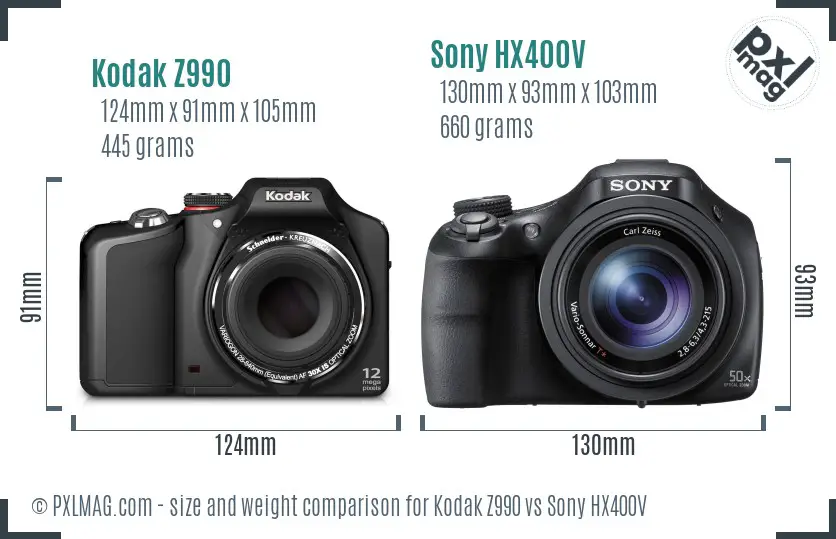 Kodak Z990 vs Sony HX400V size comparison