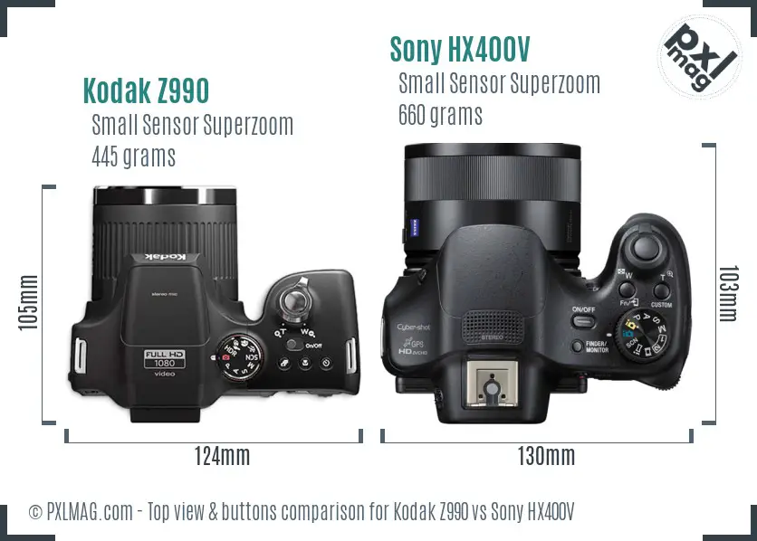 Kodak Z990 vs Sony HX400V top view buttons comparison