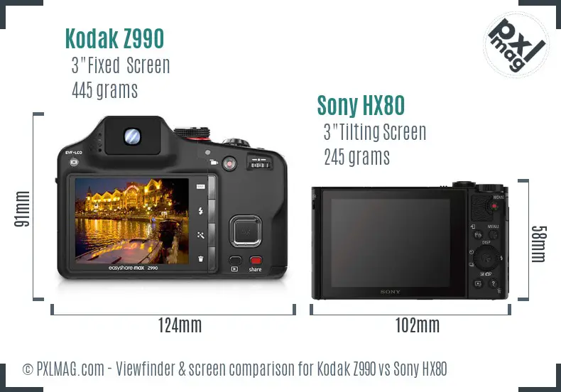 Kodak Z990 vs Sony HX80 Screen and Viewfinder comparison