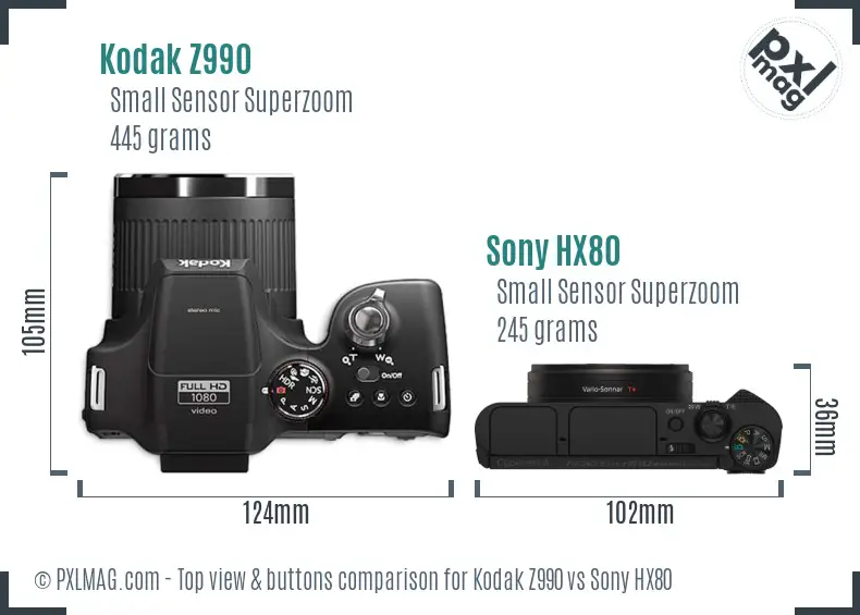Kodak Z990 vs Sony HX80 top view buttons comparison