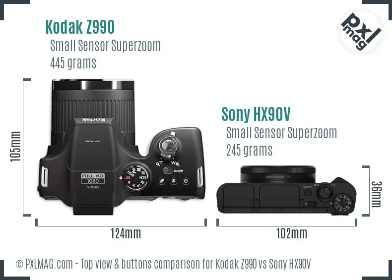 Kodak Z990 vs Sony HX90V top view buttons comparison