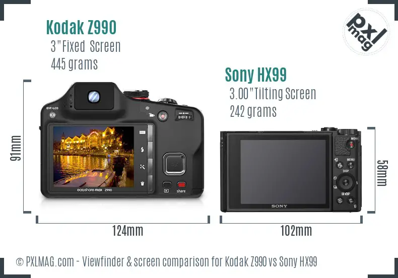 Kodak Z990 vs Sony HX99 Screen and Viewfinder comparison