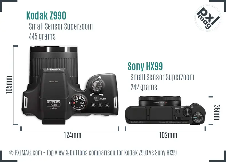 Kodak Z990 vs Sony HX99 top view buttons comparison