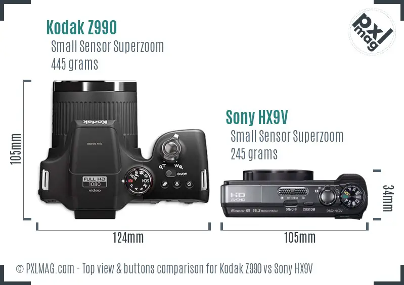 Kodak Z990 vs Sony HX9V top view buttons comparison Kodak Z990 vs Sony HX9V top view buttons comparison