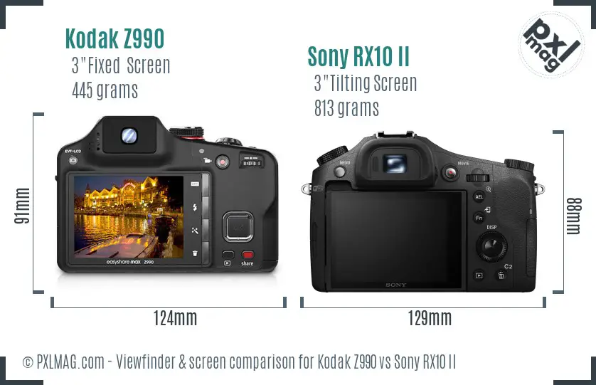 Kodak Z990 vs Sony RX10 II Screen and Viewfinder comparison