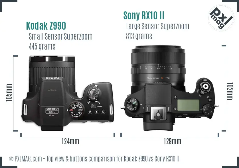 Kodak Z990 vs Sony RX10 II top view buttons comparison