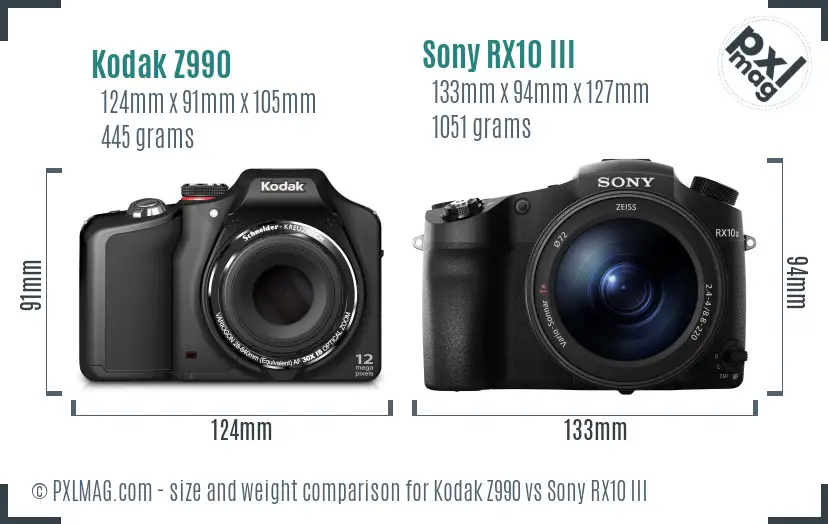 Kodak Z990 vs Sony RX10 III size comparison