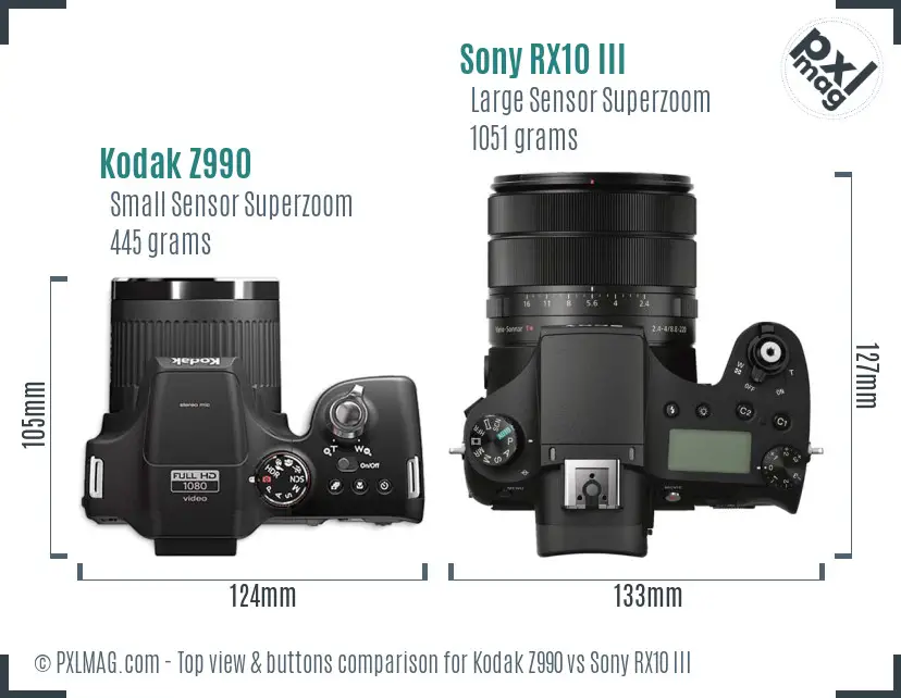 Kodak Z990 vs Sony RX10 III top view buttons comparison