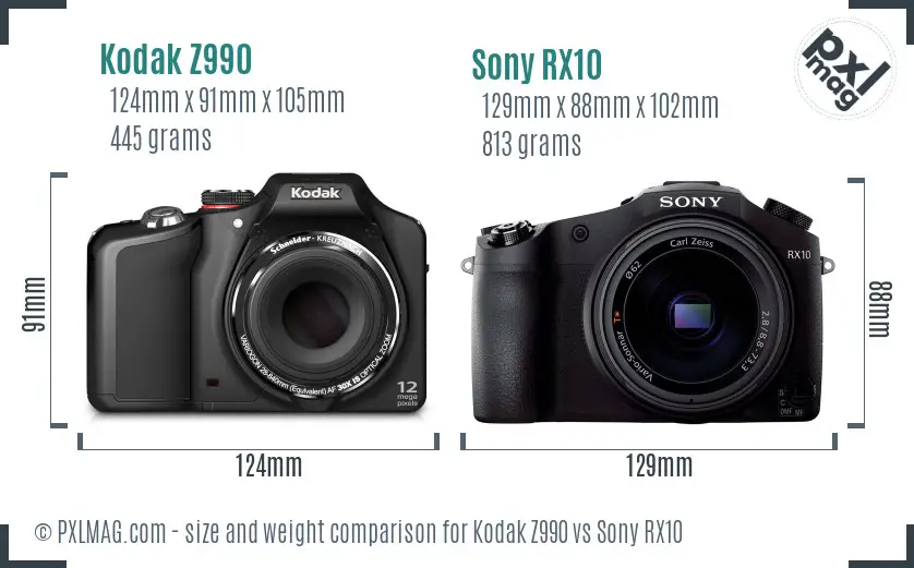 Kodak Z990 vs Sony RX10 size comparison