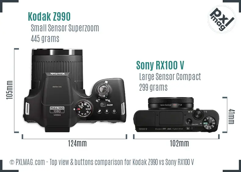Kodak Z990 vs Sony RX100 V top view buttons comparison