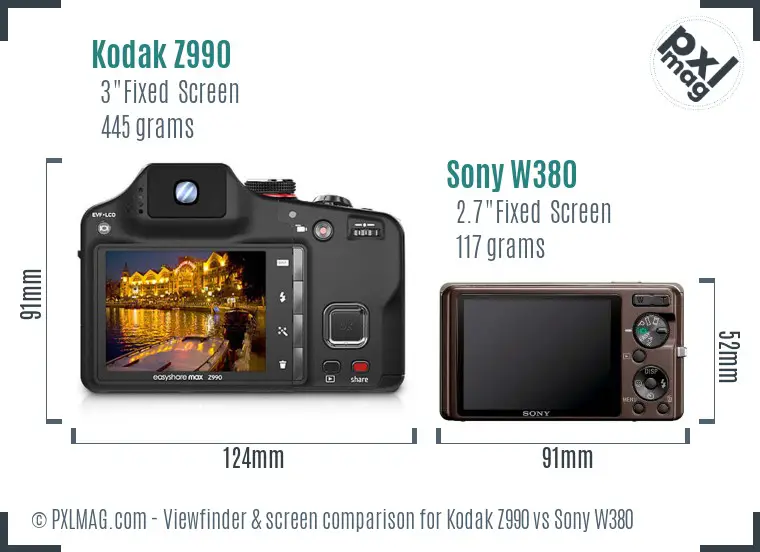 Kodak Z990 vs Sony W380 Screen and Viewfinder comparison