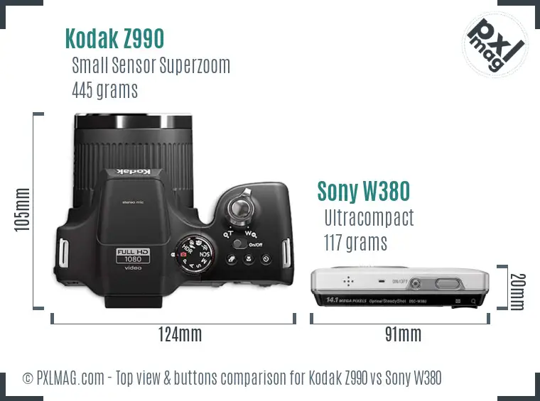 Kodak Z990 vs Sony W380 top view buttons comparison