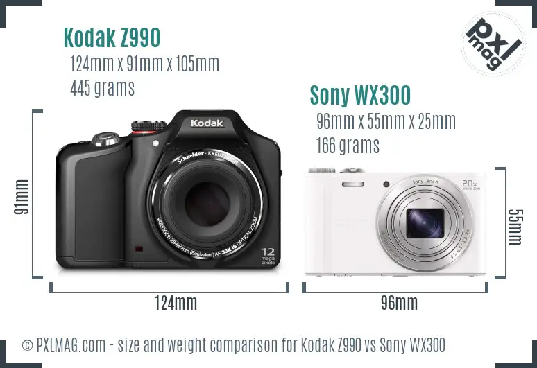 Kodak Z990 vs Sony WX300 size comparison