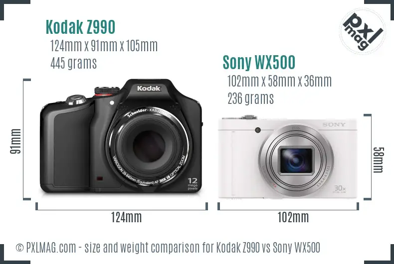 Kodak Z990 vs Sony WX500 size comparison