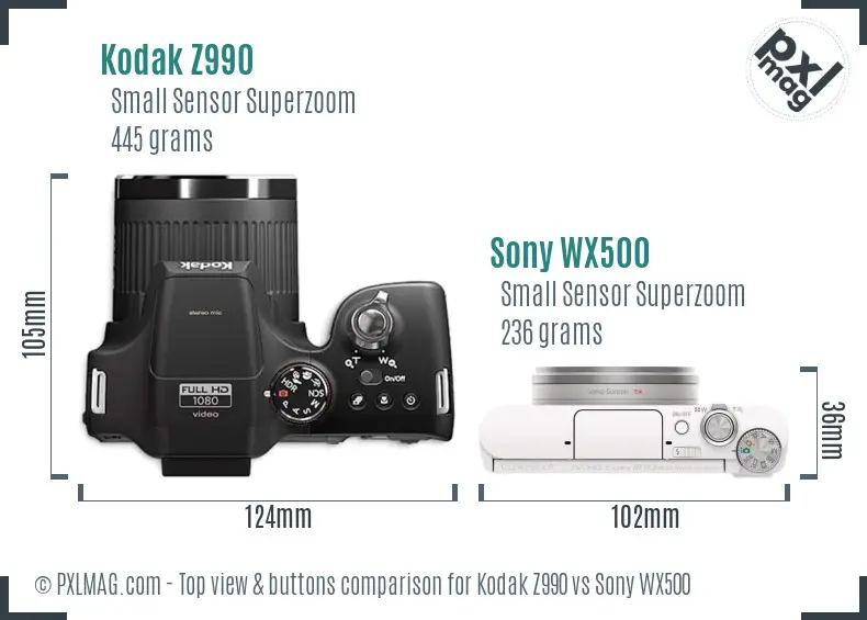 Kodak Z990 vs Sony WX500 top view buttons comparison