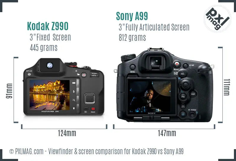 Kodak Z990 vs Sony A99 Screen and Viewfinder comparison