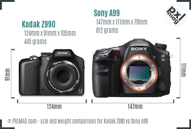 Kodak Z990 vs Sony A99 size comparison