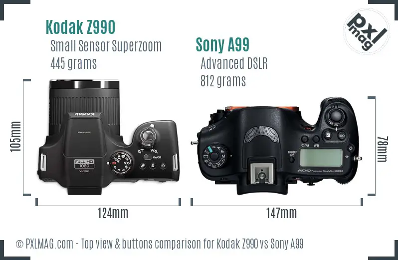 Kodak Z990 vs Sony A99 top view buttons comparison