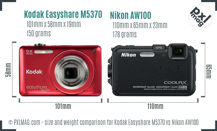 Kodak Easyshare M5370 vs Nikon AW100 size comparison