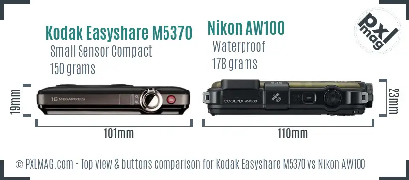 Kodak Easyshare M5370 vs Nikon AW100 top view buttons comparison