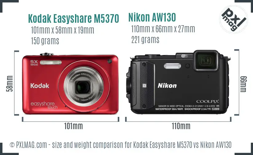 Kodak Easyshare M5370 vs Nikon AW130 size comparison