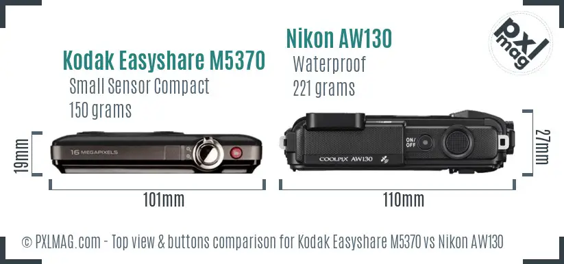 Kodak Easyshare M5370 vs Nikon AW130 top view buttons comparison