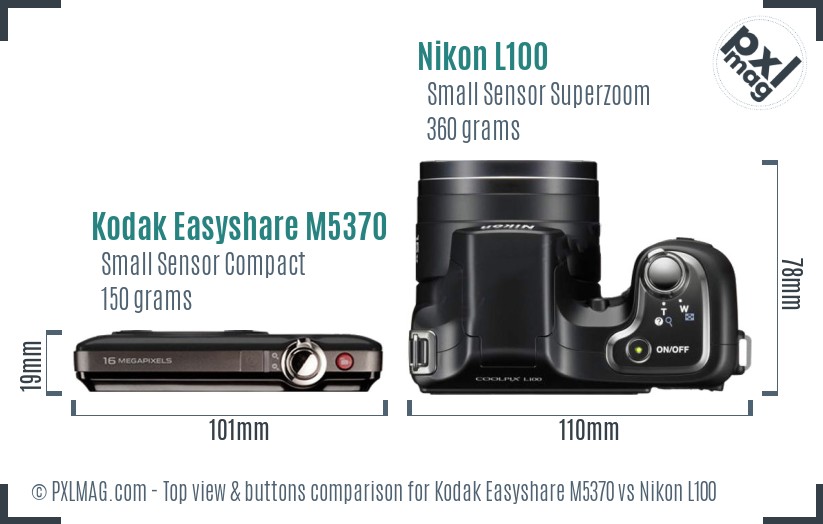 Kodak Easyshare M5370 vs Nikon L100 top view buttons comparison