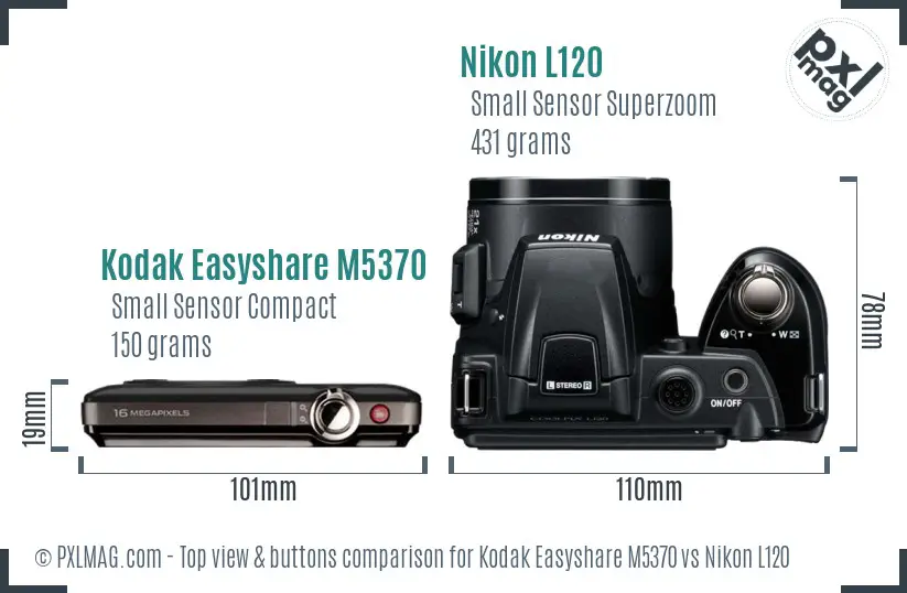 Kodak Easyshare M5370 vs Nikon L120 top view buttons comparison