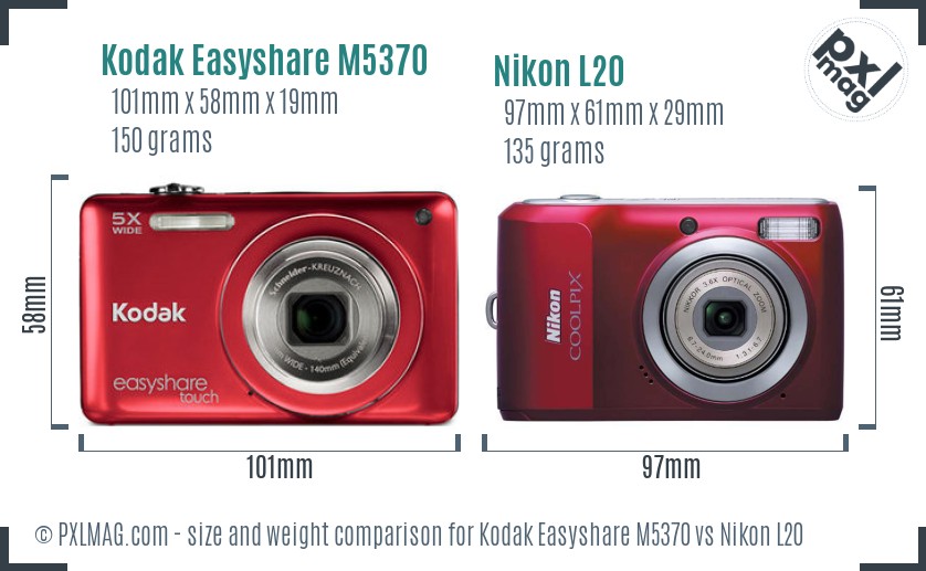 Kodak Easyshare M5370 vs Nikon L20 size comparison
