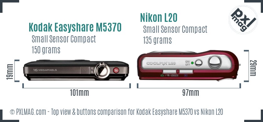 Kodak Easyshare M5370 vs Nikon L20 top view buttons comparison