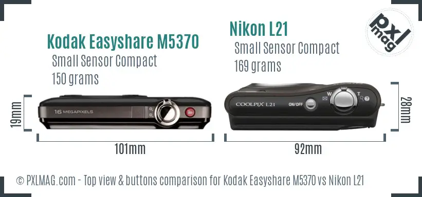 Kodak Easyshare M5370 vs Nikon L21 top view buttons comparison