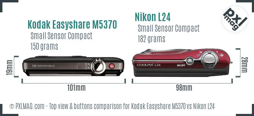 Kodak Easyshare M5370 vs Nikon L24 top view buttons comparison