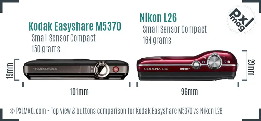 Kodak Easyshare M5370 vs Nikon L26 top view buttons comparison