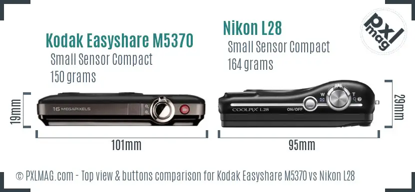 Kodak Easyshare M5370 vs Nikon L28 top view buttons comparison