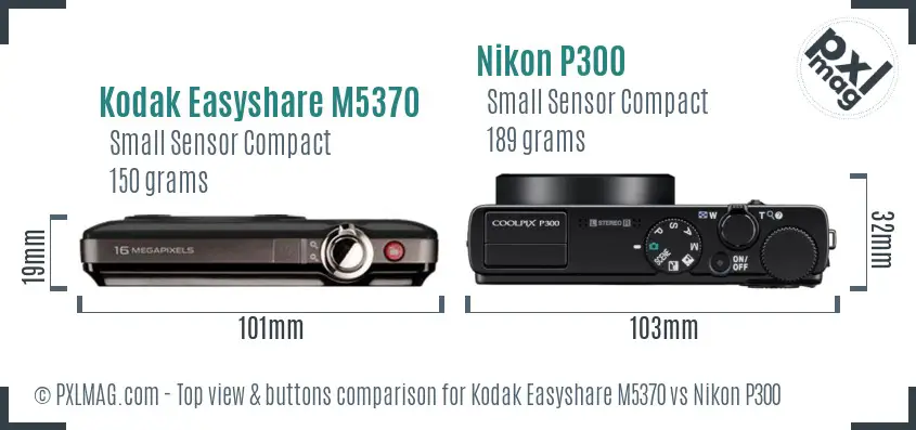 Kodak Easyshare M5370 vs Nikon P300 top view buttons comparison Kodak Easyshare M5370 vs Nikon P300 top view buttons comparison