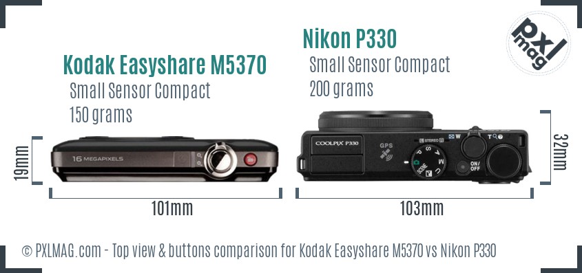 Kodak Easyshare M5370 vs Nikon P330 top view buttons comparison