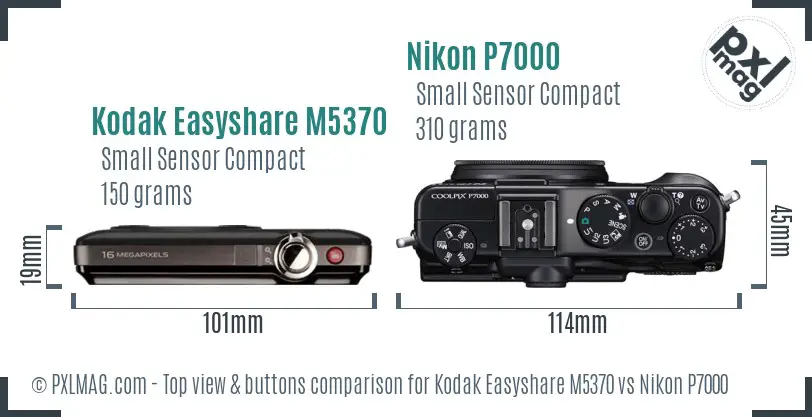 Kodak Easyshare M5370 vs Nikon P7000 top view buttons comparison