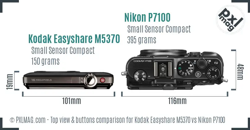 Kodak Easyshare M5370 vs Nikon P7100 top view buttons comparison