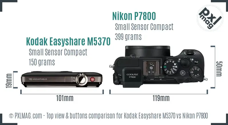 Kodak Easyshare M5370 vs Nikon P7800 top view buttons comparison
