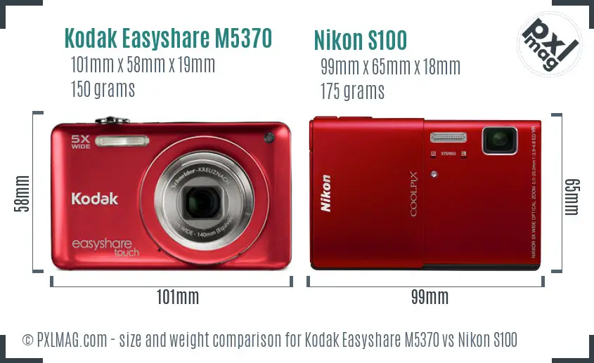 Kodak Easyshare M5370 vs Nikon S100 size comparison