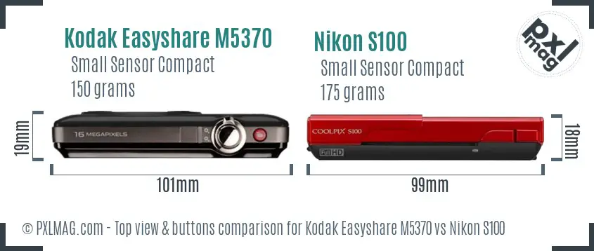 Kodak Easyshare M5370 vs Nikon S100 top view buttons comparison