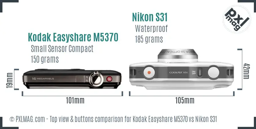 Kodak Easyshare M5370 vs Nikon S31 top view buttons comparison